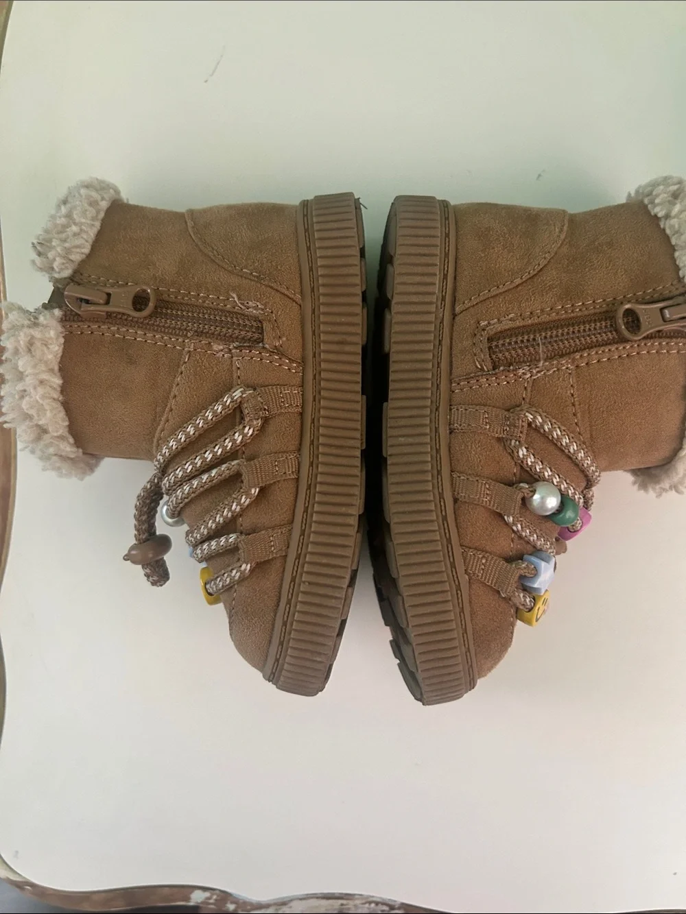 Kids Brown Faux-Suede Winter Boots with Smiley Bead Accents